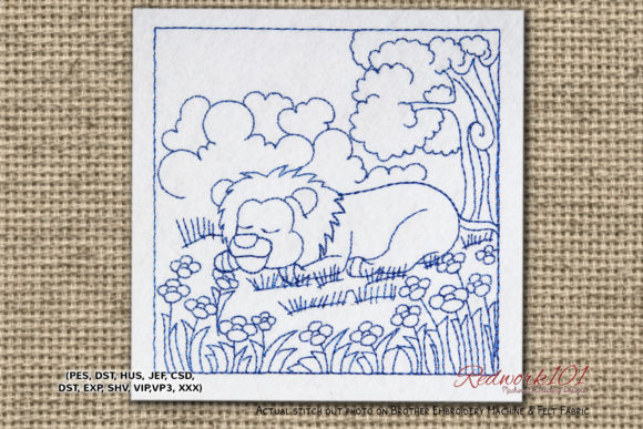 Lion Sleeping on Grass Redwork